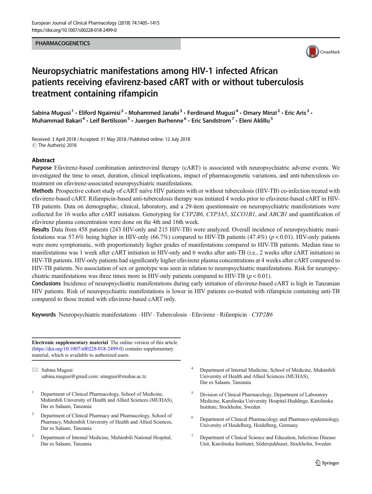 Neuropsychiatric manifestations among HIV-1 infected African patients receiving efavirenz-based cART with or without tuberculosis treatment containing rifampicin by unknow
