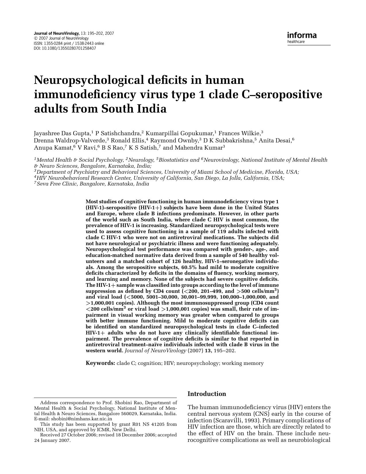 Neuropsychological deficits in human immunodeficiency virus type 1 clade C-seropositive adults from South India by Unknown