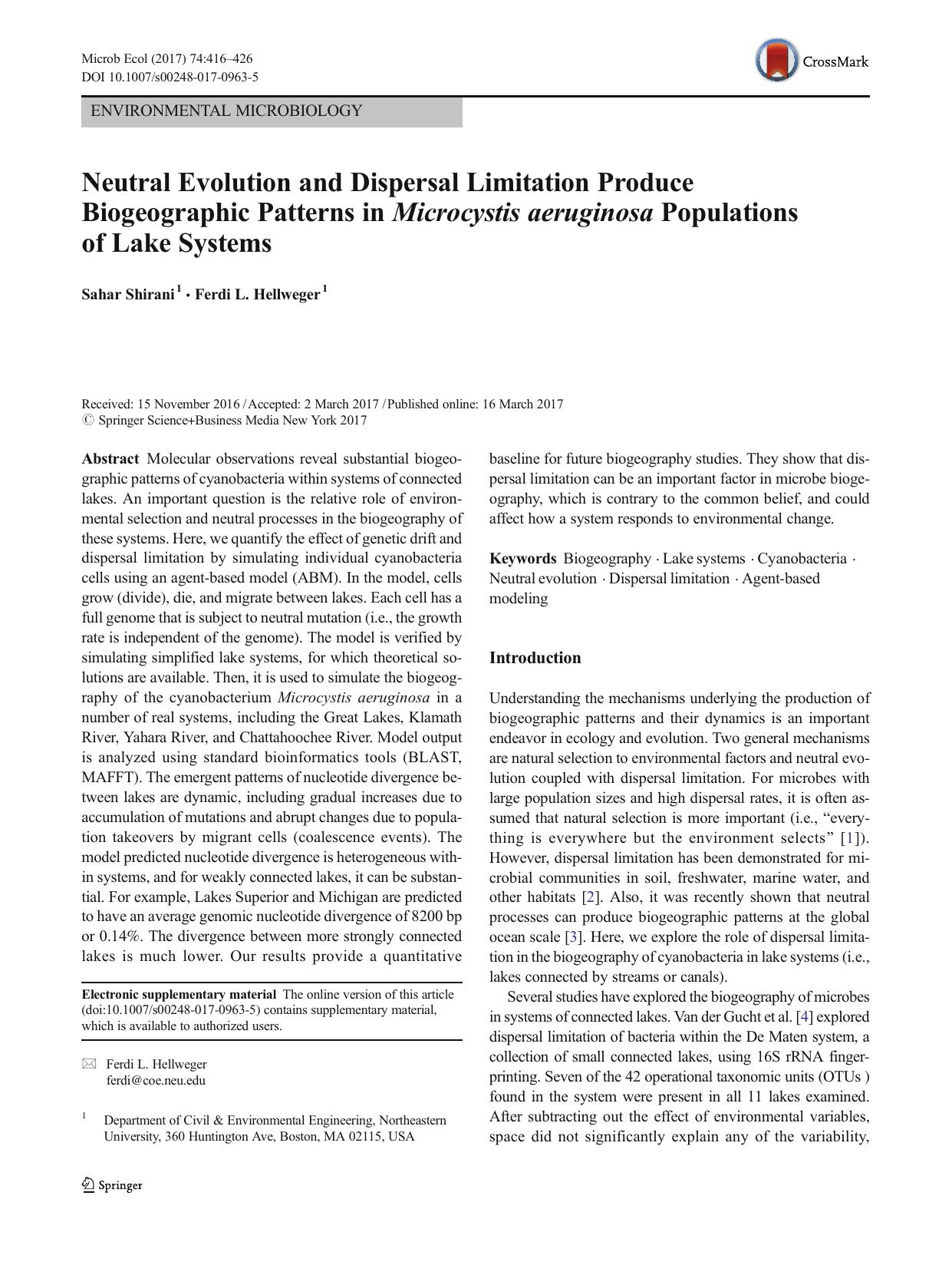 Neutral Evolution and Dispersal Limitation Produce Biogeographic Patterns in Microcystis aeruginosa Populations of Lake Systems by Sahar Shirani & Ferdi L. Hellweger