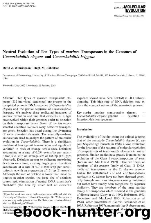 Neutral Evolution o Ten Types o mariner Transposons in the Genomes of Caenorhabditis elegans and Caenorhabditis briggsae by Witherspoon D.J. et al