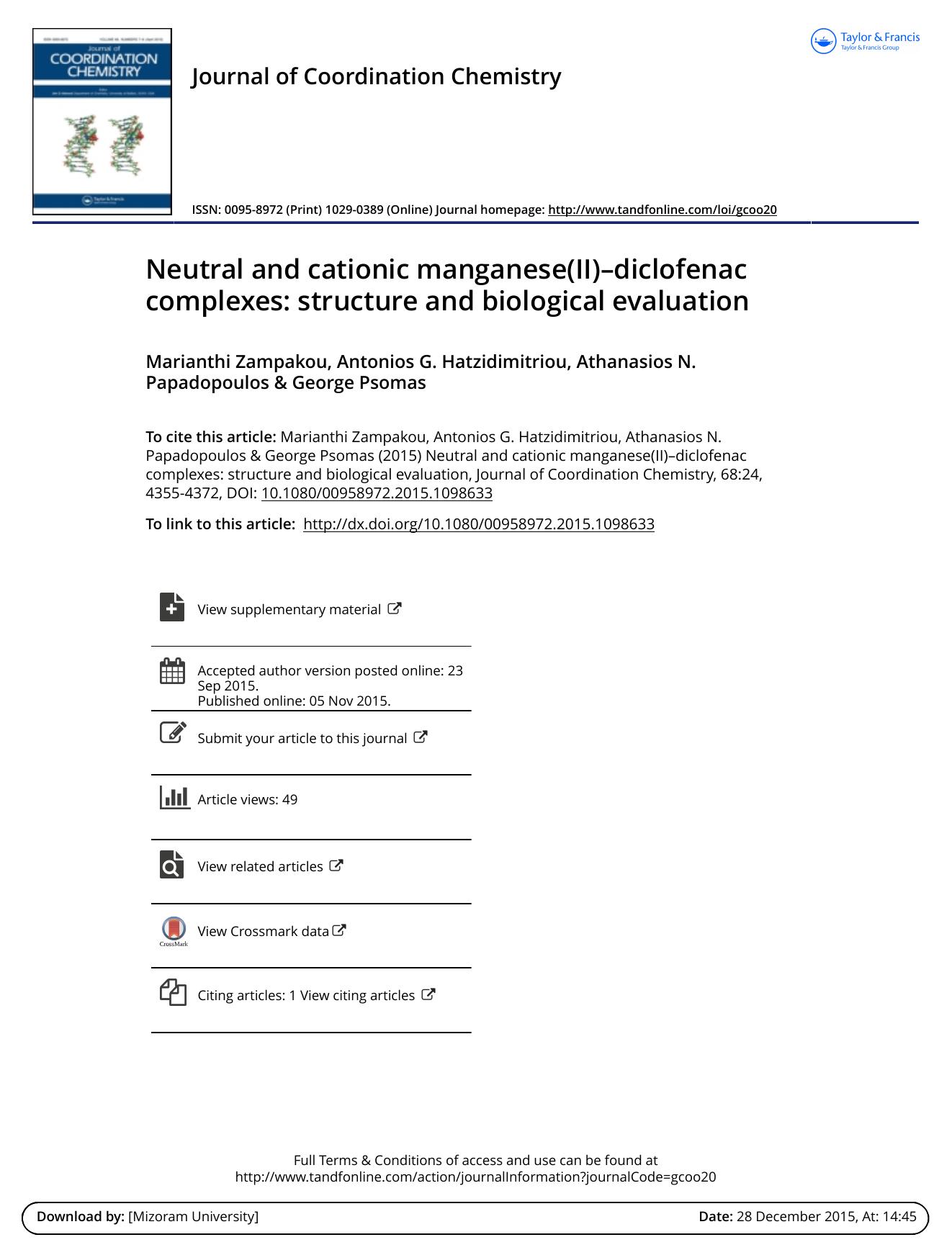 Neutral and cationic manganese(II)âdiclofenac complexes: structure and biological evaluation by Marianthi Zampakou
