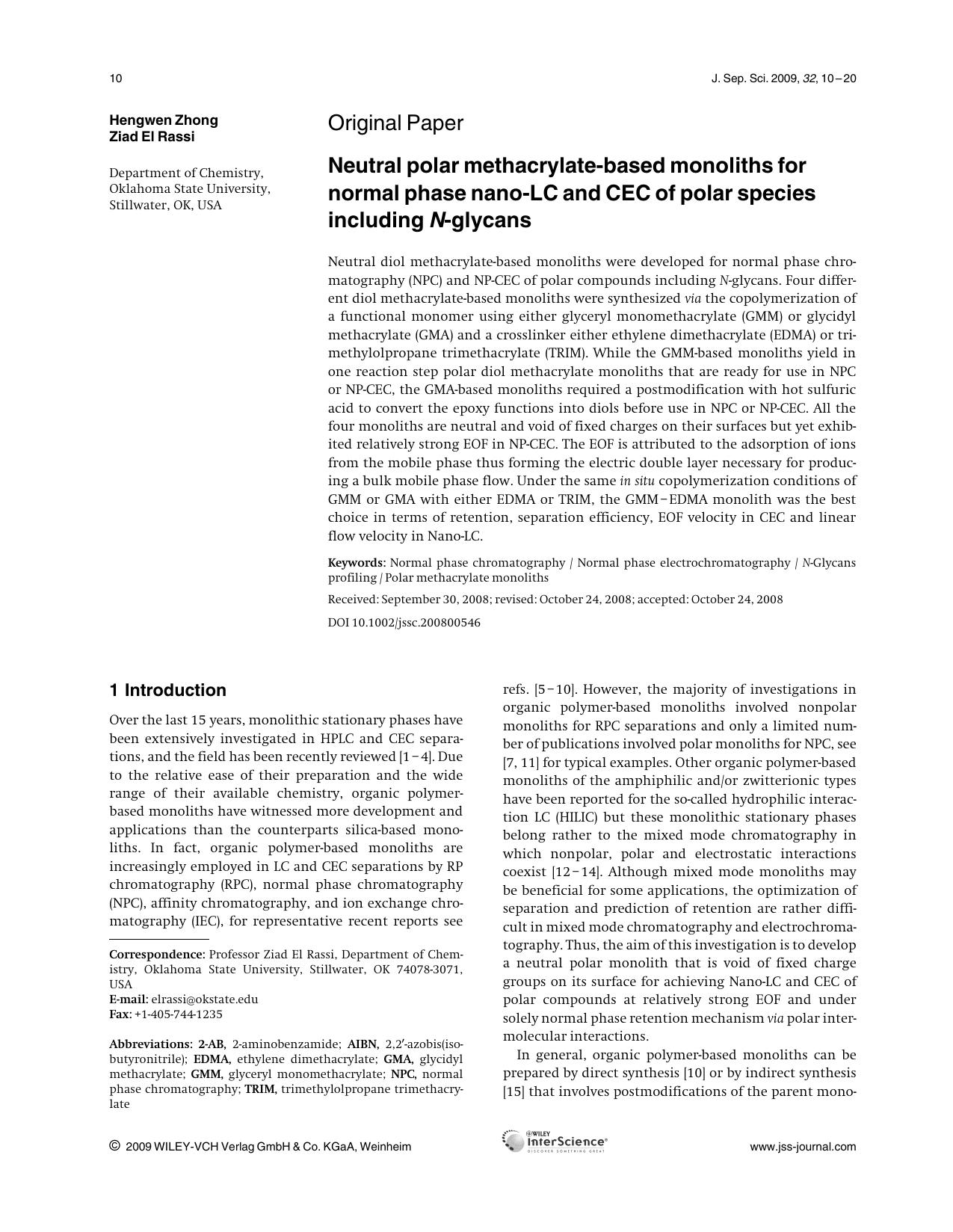 Neutral polar methacrylate-based monoliths for normal phase nano-LC and CEC of polar species including N-glycans by Unknown