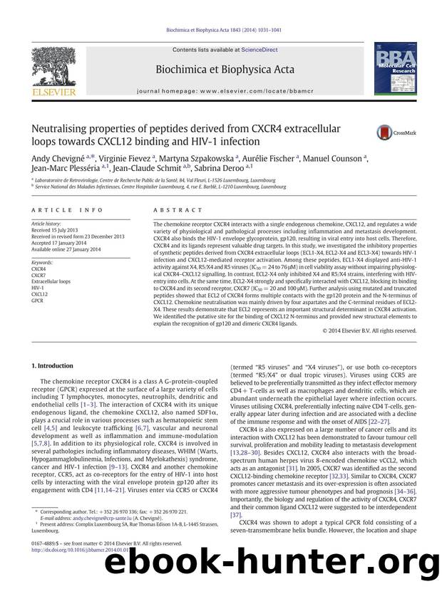 Neutralising properties of peptides derived from CXCR4 extracellular loops towards CXCL12 binding and HIV-1 infection by unknow