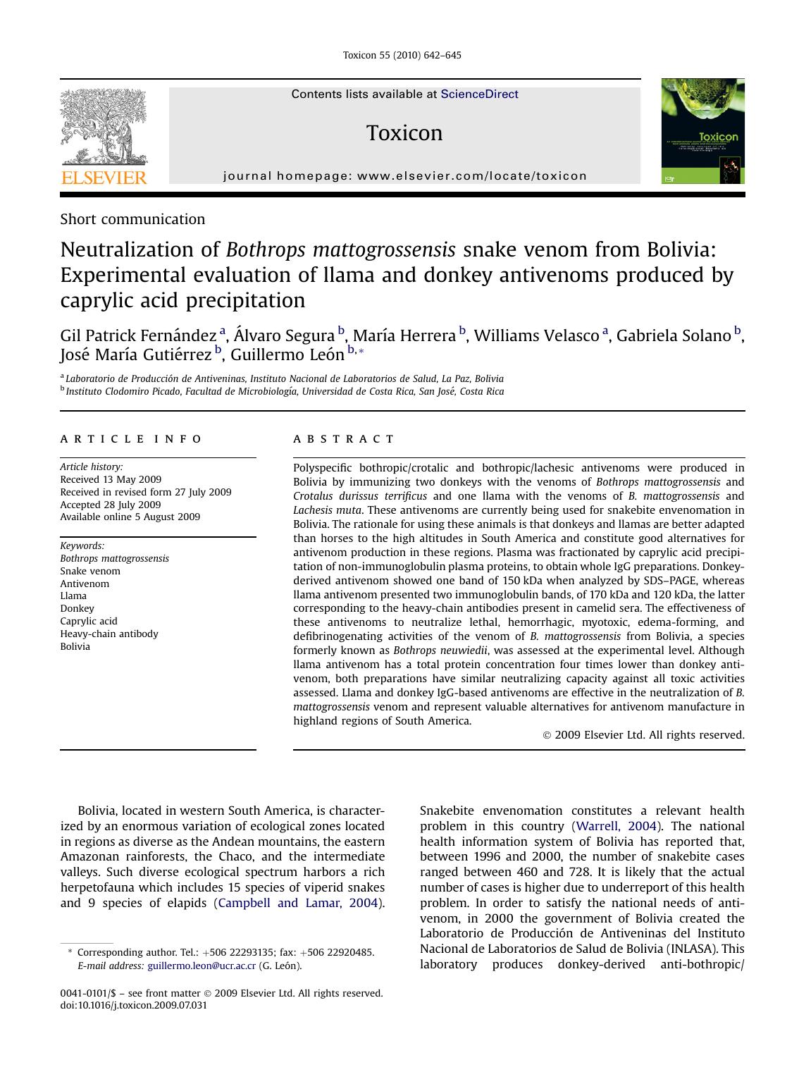 Neutralization of Bothrops mattogrossensis snake venom from Bolivia: Experimental evaluation of llama and donkey antivenoms produced by caprylic acid precipitation by unknow