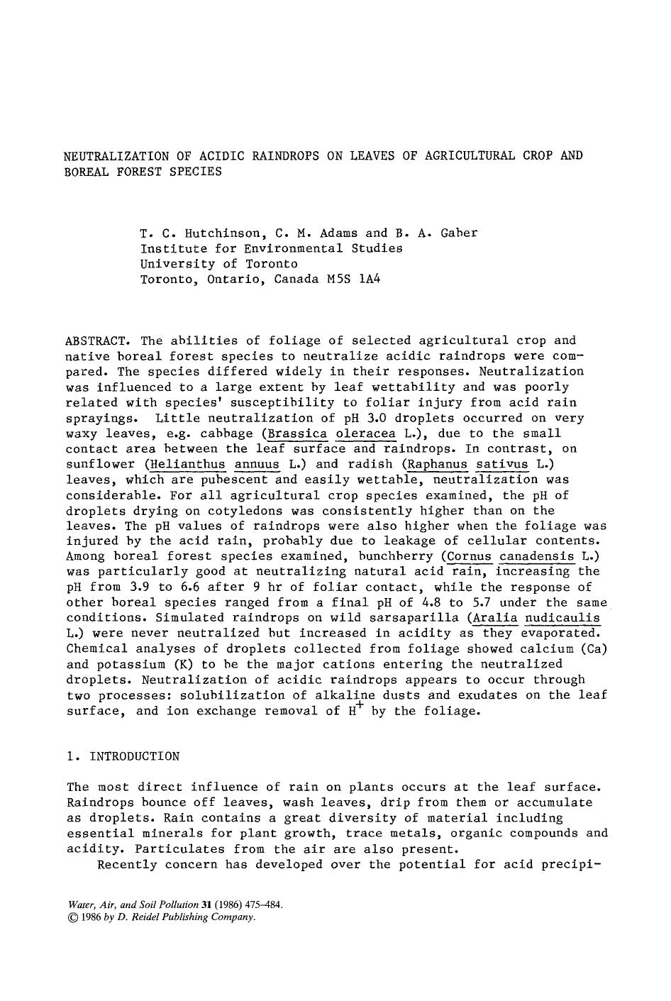 Neutralization of acidic raindrops on leaves of agricultural crop and boreal forest species by Unknown