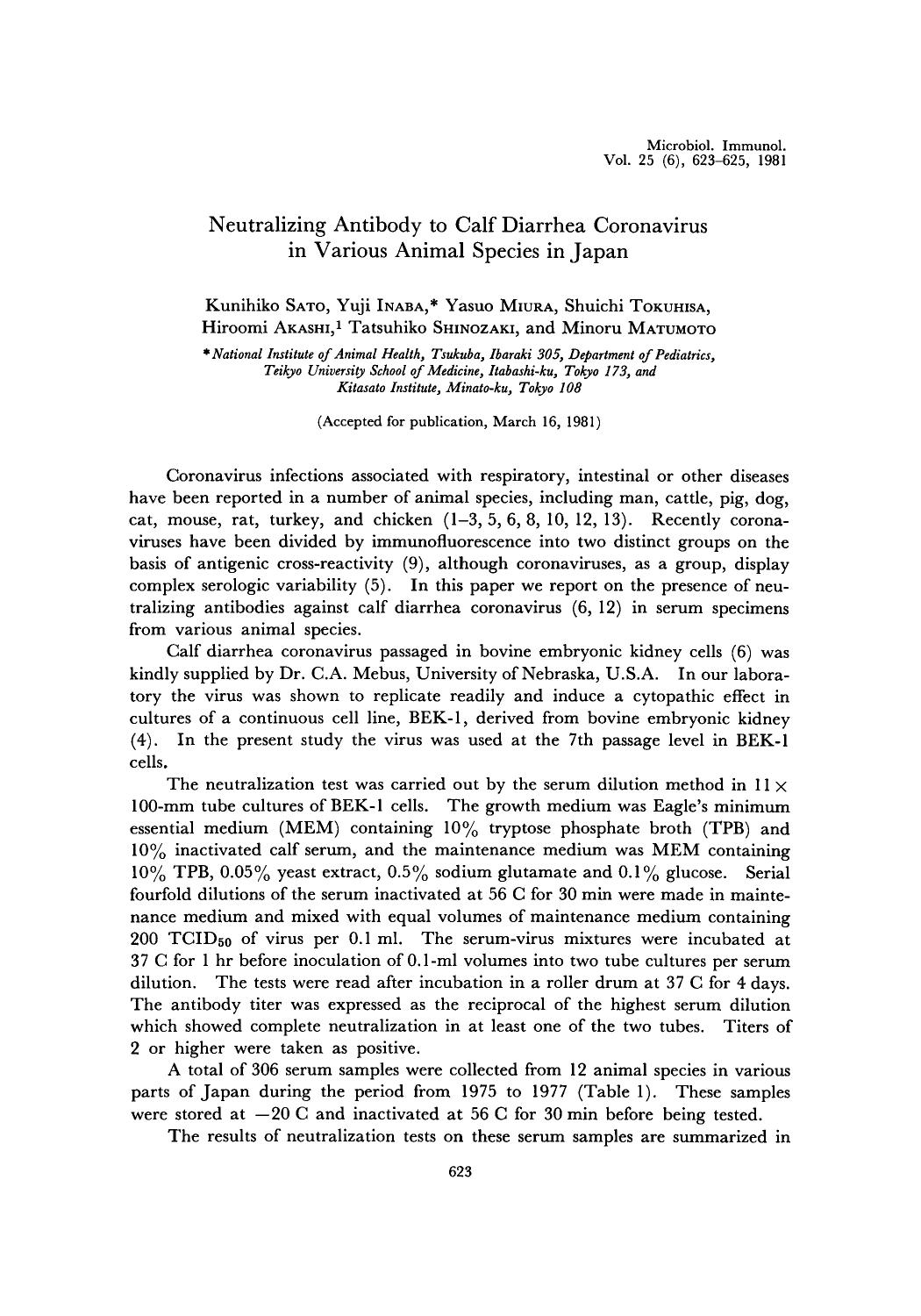 Neutralizing Antibody to Calf Diarrhea Coronavirus in Various Animal Species in Japan by Unknown