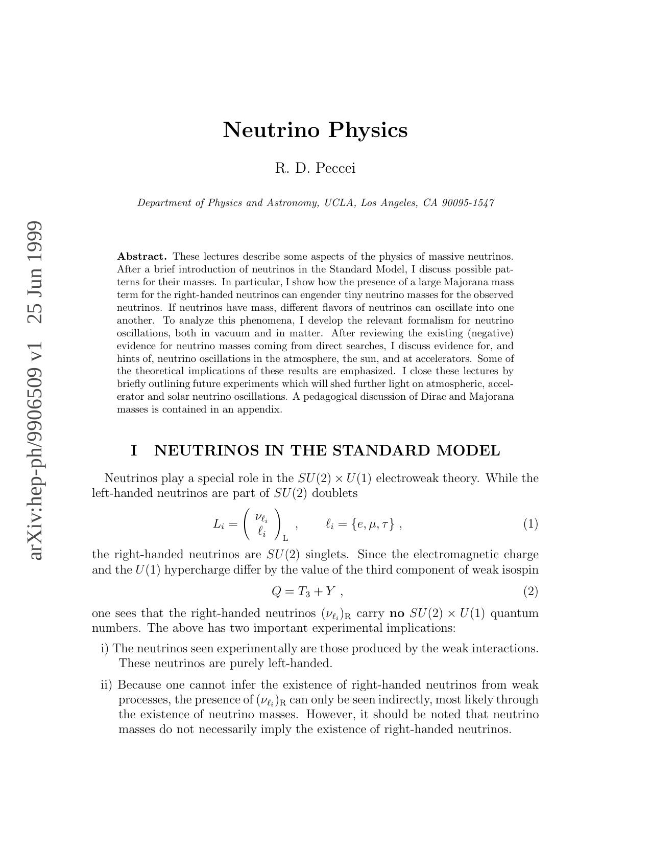 Neutrino Physics by Peccei