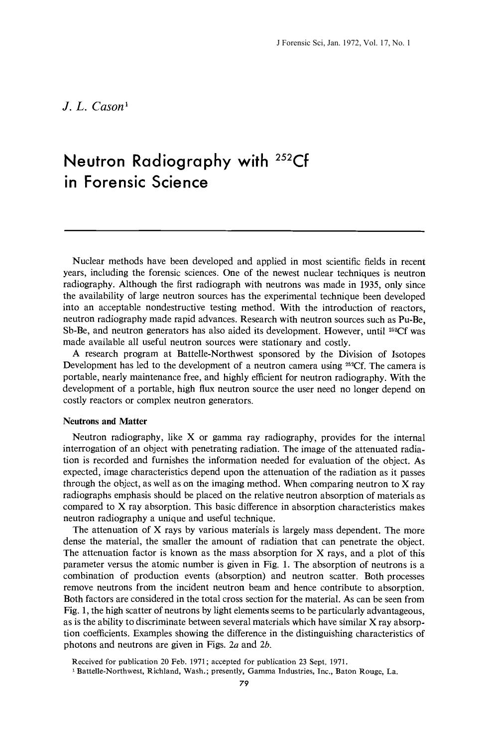 Neutron Radiography with <sup>252<sup>Cf in Forensic Science by Cason JL
