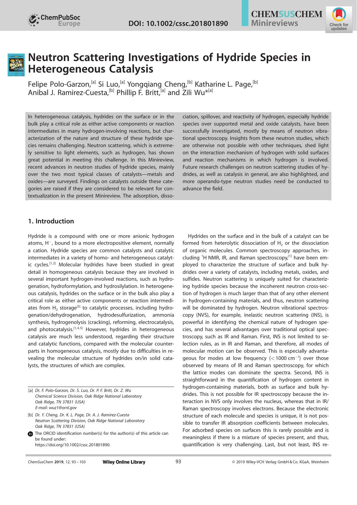 Neutron Scattering Investigations of Hydride Species in Heterogeneous Catalysis by Unknown