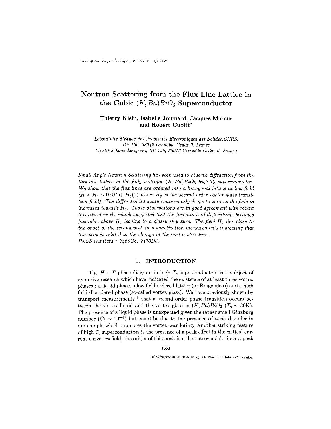 Neutron Scattering from the Flux Line Lattice in the Cubic (<Emphasis Type="Italic">K, Ba<Emphasis>)<Emphasis Type="Italic">BiO<Emphasis> <Subscript>3<Subscript> Superconductor by Unknown