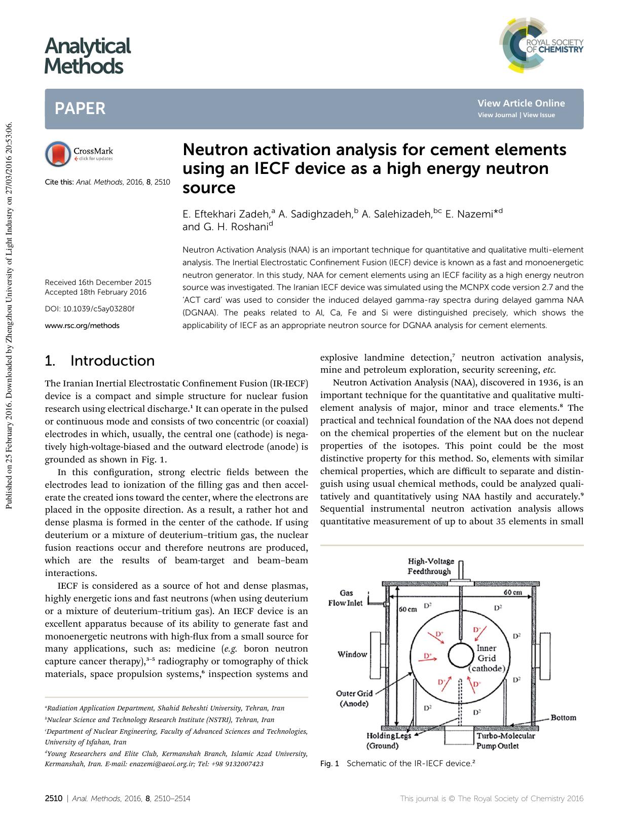 Neutron activation analysis for cement elements using an IECF device as a high energy neutron source by E. Eftekhari Zadeh & A. Sadighzadeh & A. Salehizadeh & E. Nazemi & G. H. Roshani