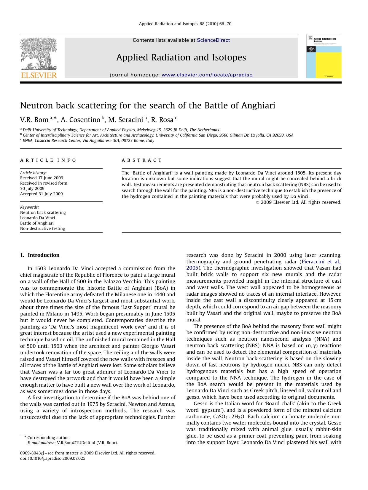 Neutron back scattering for the search of the Battle of Anghiari by V.R. Bom; A. Cosentino; M. Seracini; R. Rosa