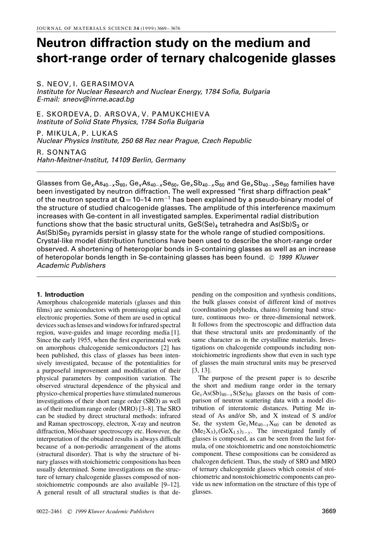 Neutron diffraction study on the medium and short-range order of ternary chalcogenide glasses by Unknown