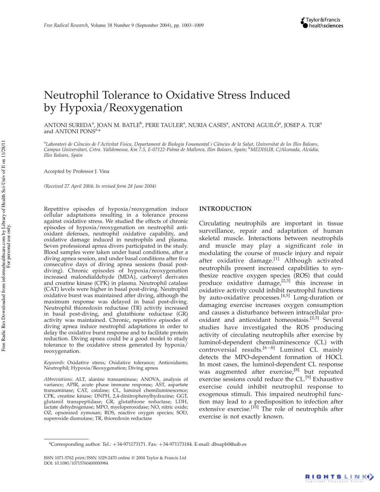 Neutrophil Tolerance to Oxidative Stress Induced by HypoxiaReoxygenation by unknow