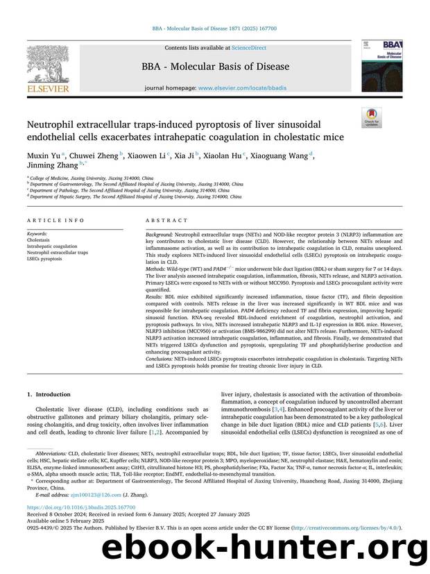 Neutrophil extracellular traps-induced pyroptosis of liver sinusoidal endothelial cells exacerbates intrahepatic coagulation in cholestatic mice by Muxin Yu & Chuwei Zheng & Xiaowen Li & Xia Ji & Xiaolan Hu & Xiaoguang Wang & Jinming Zhang