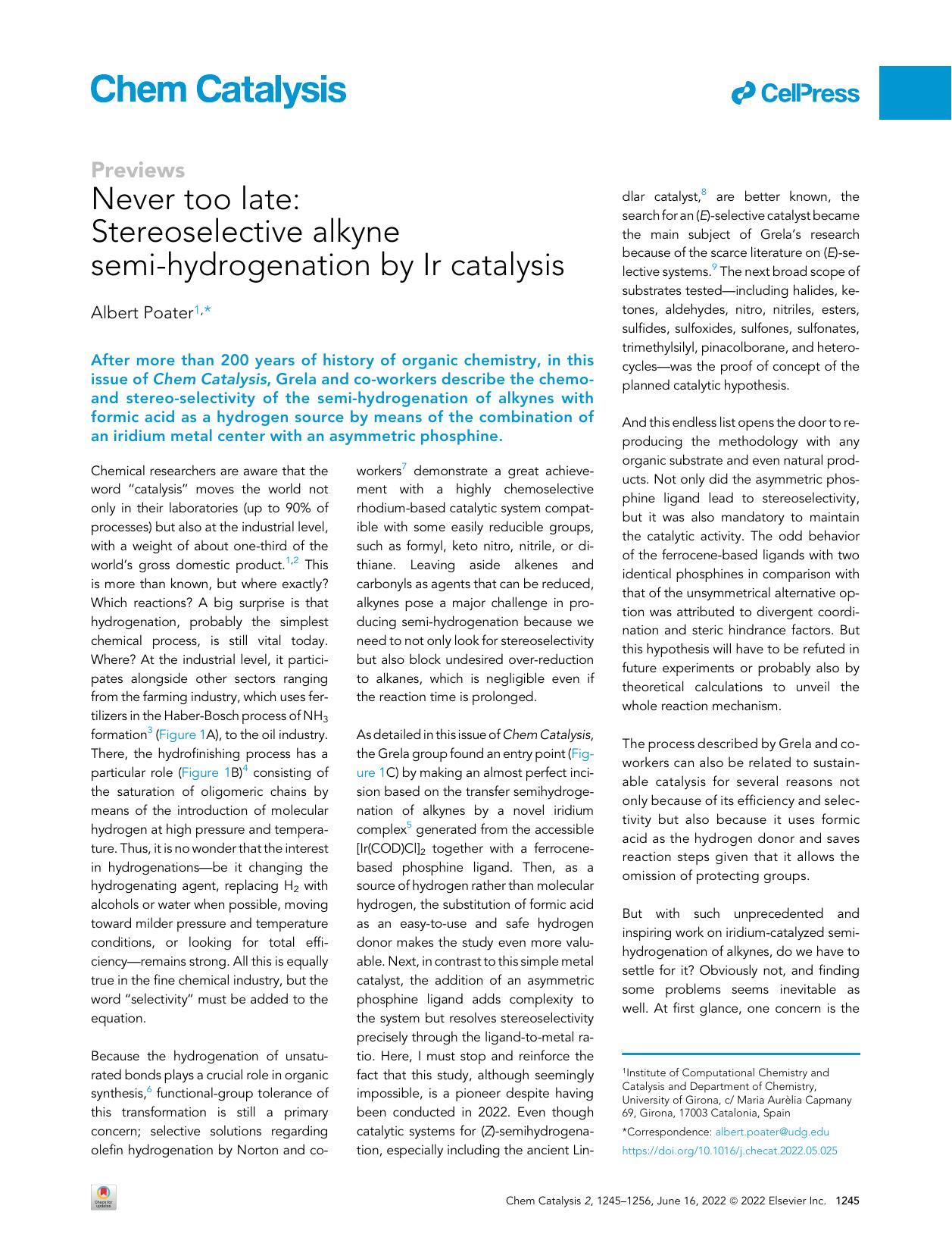 Never too late: Stereoselective alkyne semi-hydrogenation by Ir catalysis by Albert Poater
