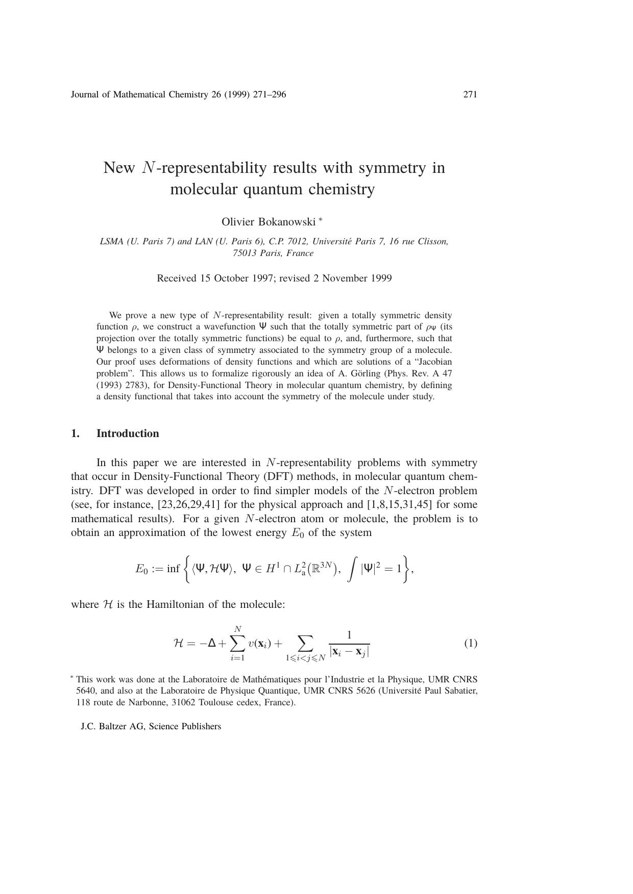 New <Emphasis Type="Italic">N<Emphasis>-representability results with symmetry in molecular quantum chemistry by Unknown