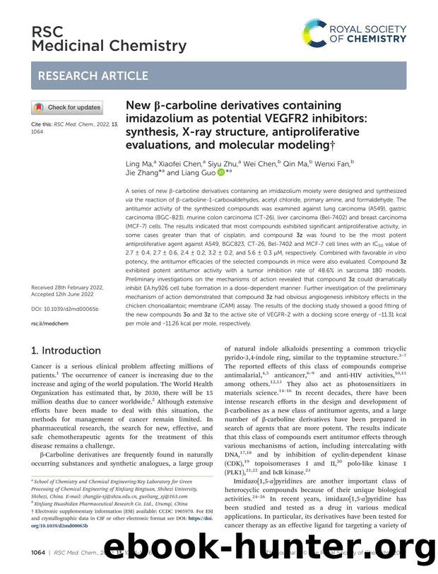 New Î²-carboline derivatives containing imidazolium as potential VEGFR2 inhibitors: synthesis, X-ray structure, antiproliferative evaluations, and molecular modeling by Ling Ma & Xiaofei Chen & Siyu Zhu & Wei Chen & Qin Ma & Wenxi Fan & Jie Zhang & Liang Guo