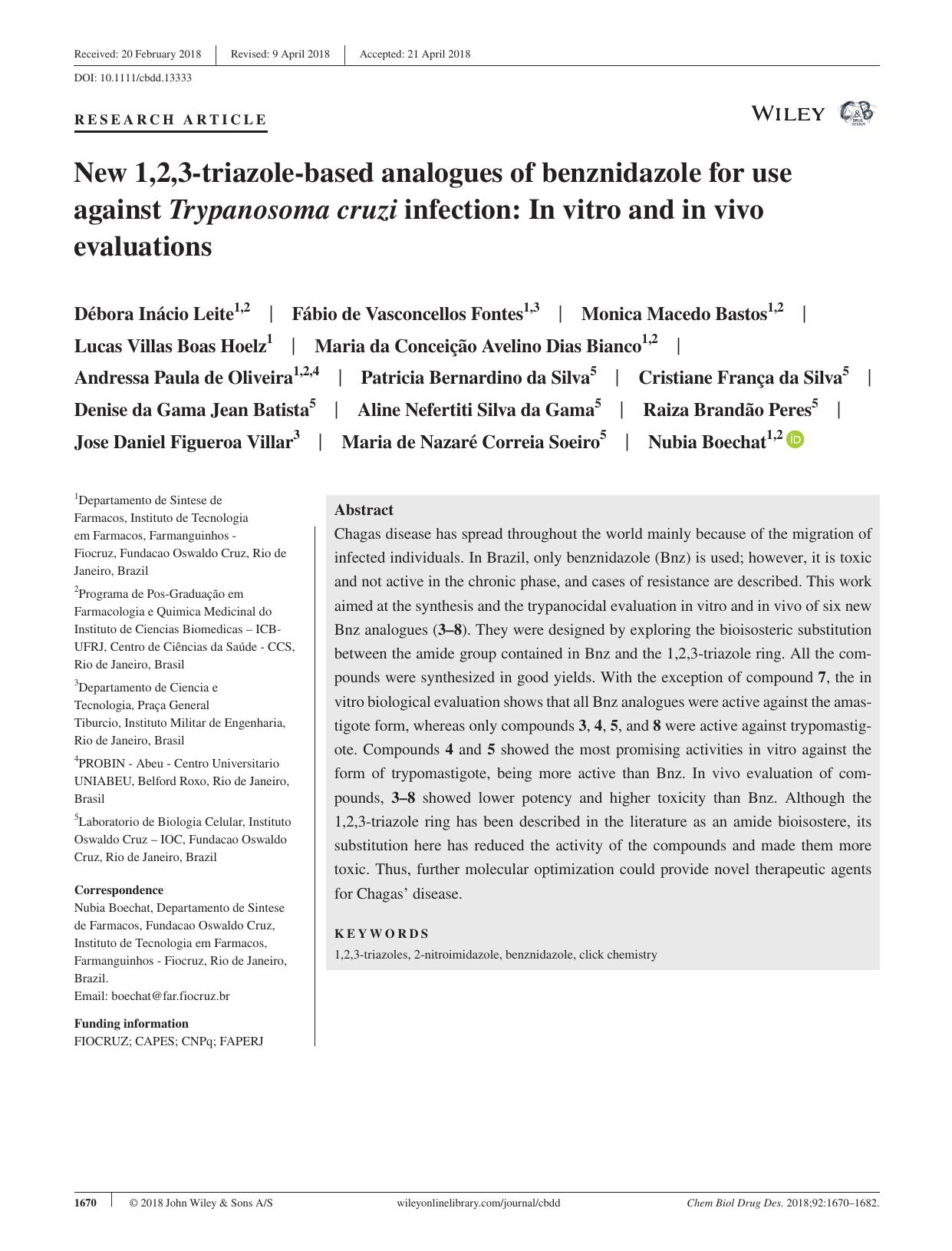 New 1,2,3‐triazole‐based analogues of benznidazole for use against Trypanosoma cruzi infection: In vitro and in vivo evaluations by unknow