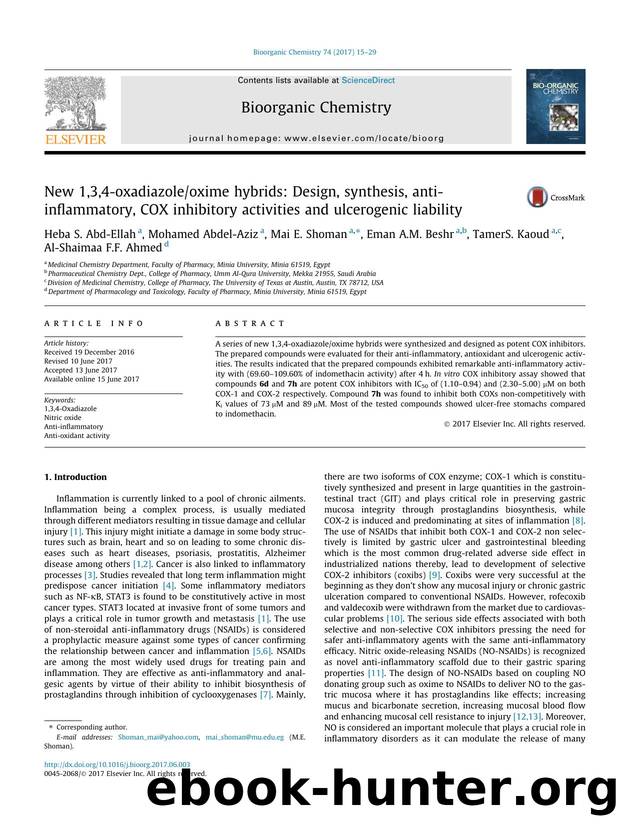 New 1,3,4-oxadiazoleoxime hybrids: Design, synthesis, anti-inflammatory, COX inhibitory activities and ulcerogenic liability by unknow