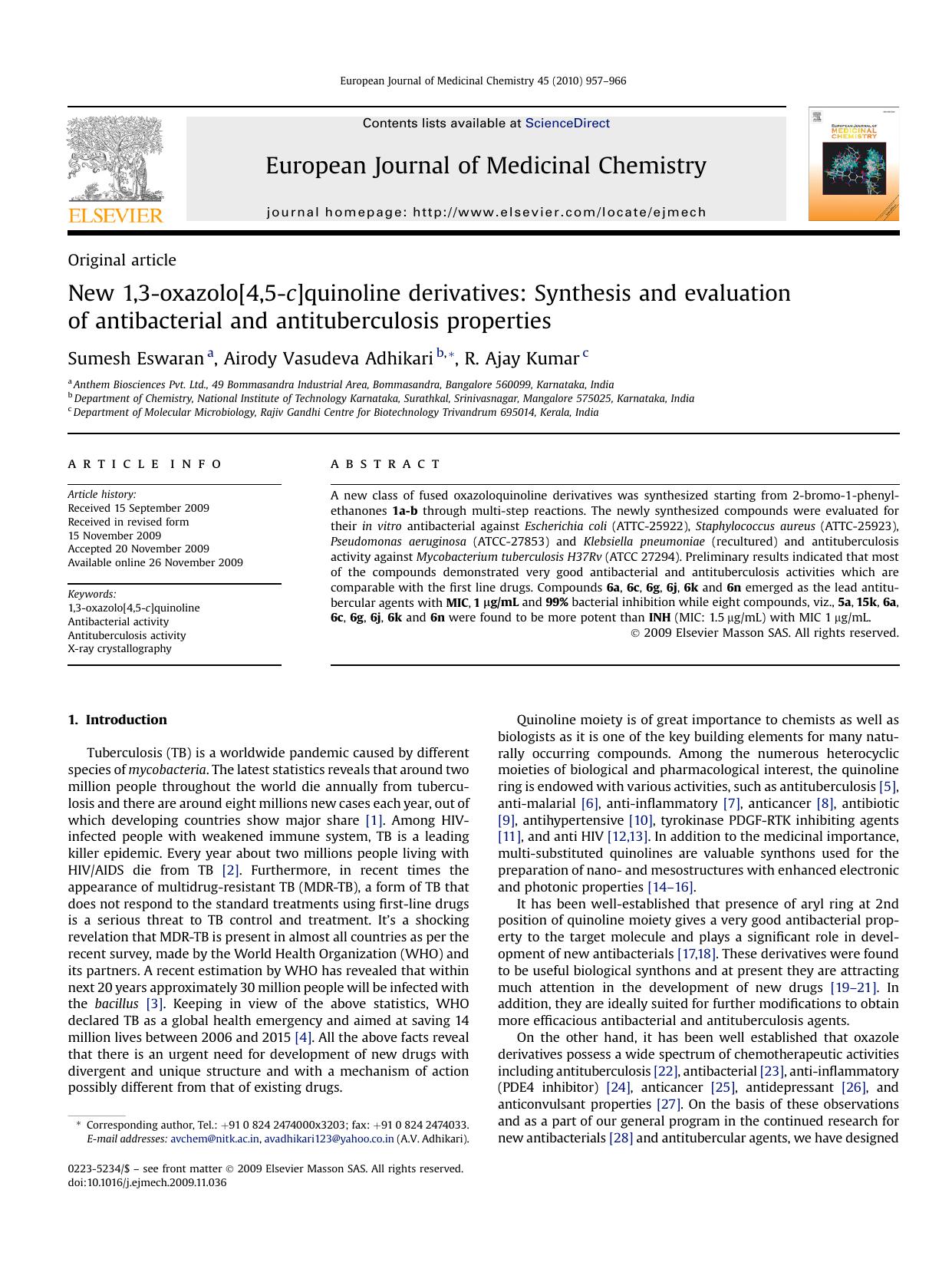 New 1,3-oxazolo[4,5-c]quinoline derivatives: Synthesis and evaluation of antibacterial and antituberculosis properties by Sumesh Eswaran; Airody Vasudeva Adhikari; R. Ajay Kumar