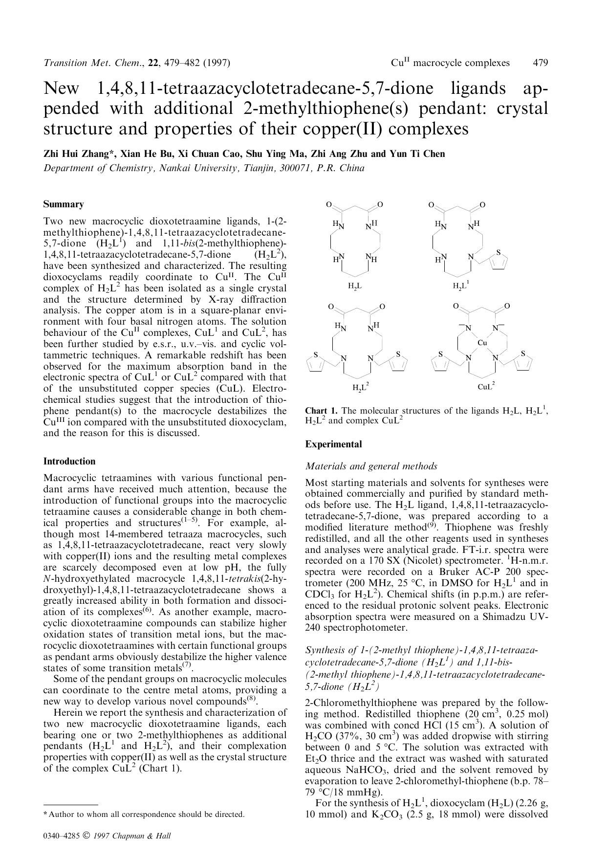 New 1,4,8,11-tetraazacyclotetradecane-5,7-dione ligands appended with additional 2-methylthiophene(s) pendant: crystal structure and properties of their copper(II) complexes by Unknown