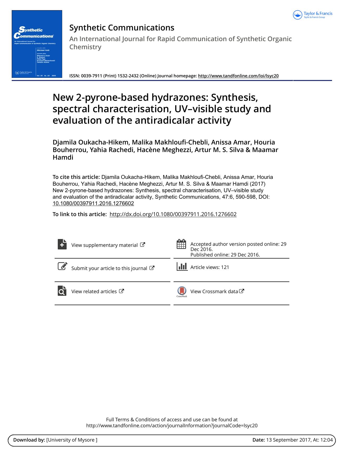 New 2-pyrone-based hydrazones: Synthesis, spectral characterisation, UVâvisible study and evaluation of the antiradicalar activity by Djamila Oukacha-Hikem