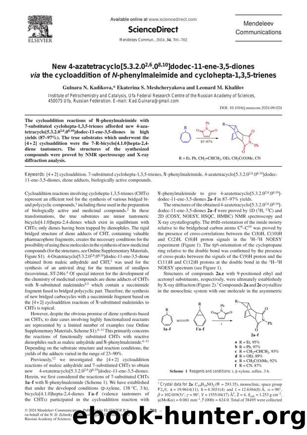 New 4-azatetracyclo[5.3.2.02,6.08,10]dodec-11-ene-3,5-diones via the cycloaddition of N-phenylmaleimide and cyclohepta-1,3,5-trienes by Gulnara N. Kadikova & Ekaterina S. Meshcheryakova & Leonard M. Khalilov