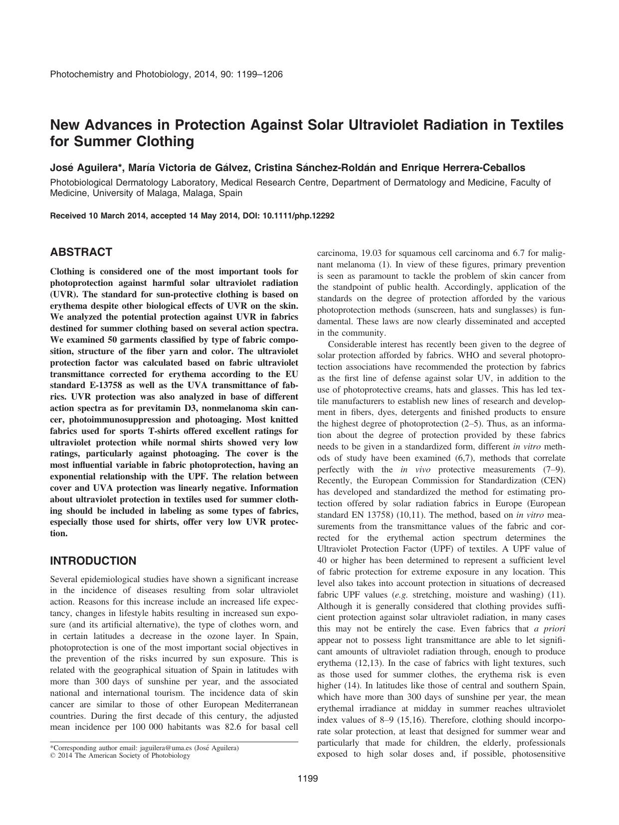 New Advances in Protection Against Solar Ultraviolet Radiation in Textiles for Summer Clothing by Unknown