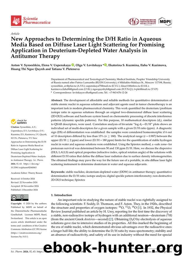New Approaches to Determining the DH Ratio in Aqueous Media Based on Diffuse Laser Light Scattering for Promising Application in Deuterium-Depleted Water Analysis in Antitumor Therapy by unknow