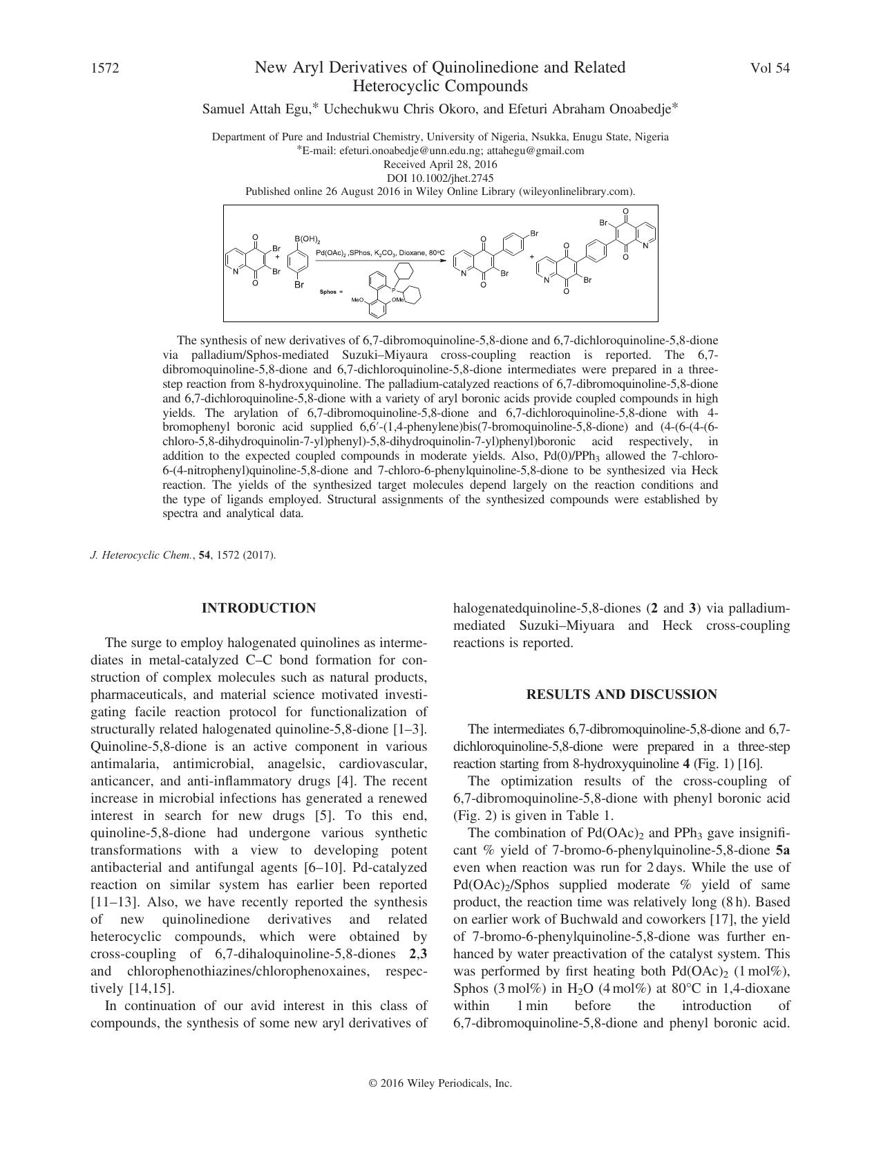 New Aryl Derivatives of Quinolinedione and Related Heterocyclic Compounds by Samuel Attah Egu & Uchechukwu Chris Okoro & Efeturi Abraham Onoabedje