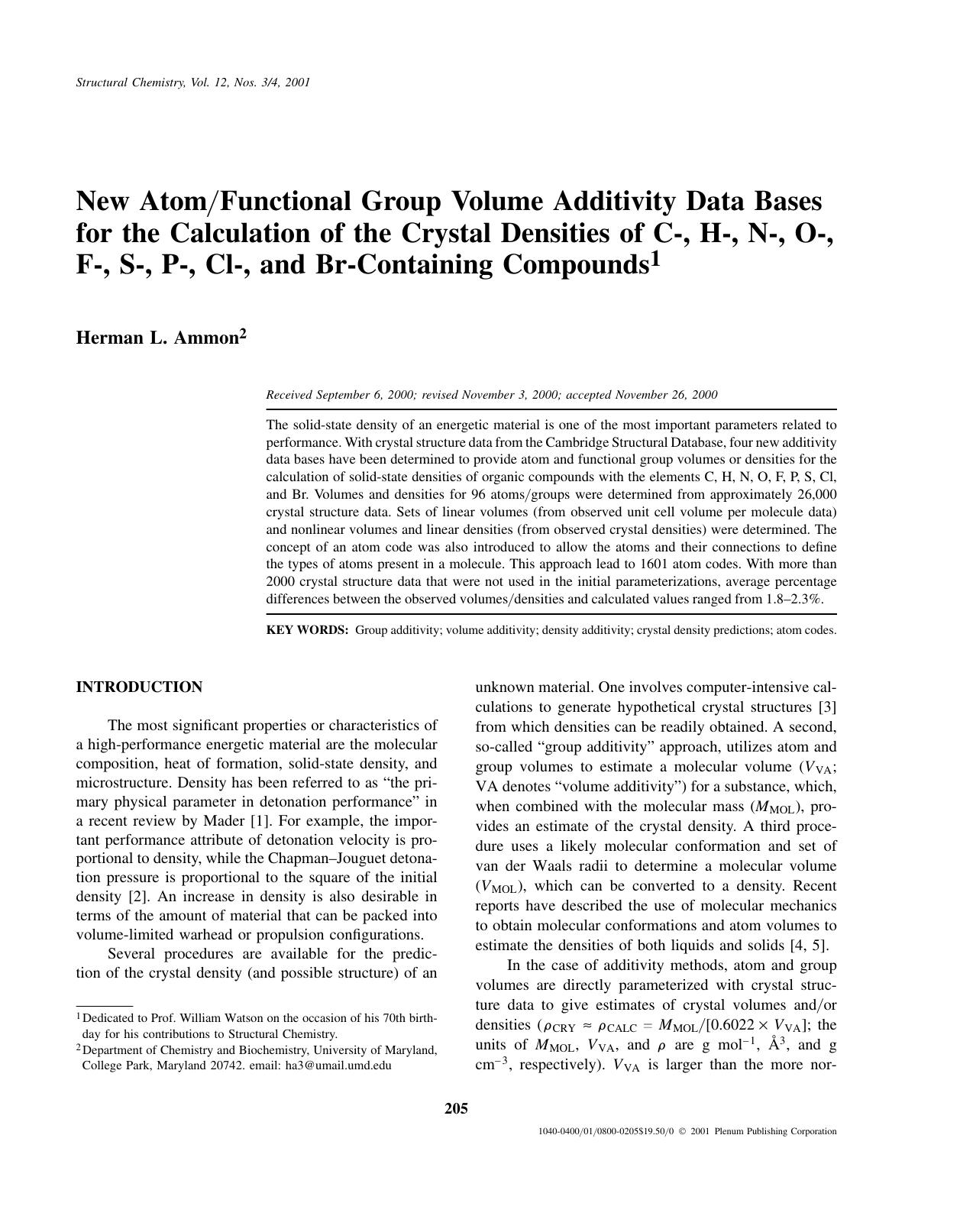 New AtomFunctional Group Volume Additivity Data Bases for the Calculation of the Crystal Densities of C-, H-, N-, O-, F-, S-, P-, Cl-, and Br-Containing Compounds by Unknown