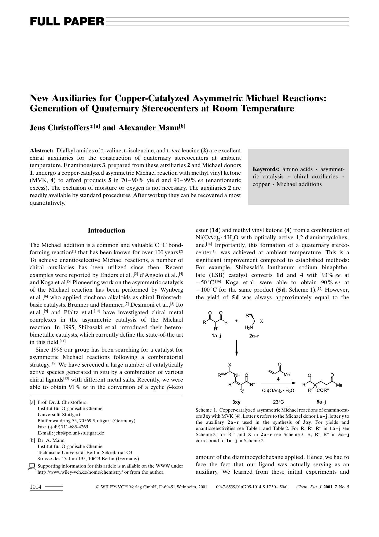 New Auxiliaries for Copper-Catalyzed Asymmetric Michael Reactions: Generation of Quaternary Stereocenters at Room Temperature by Unknown