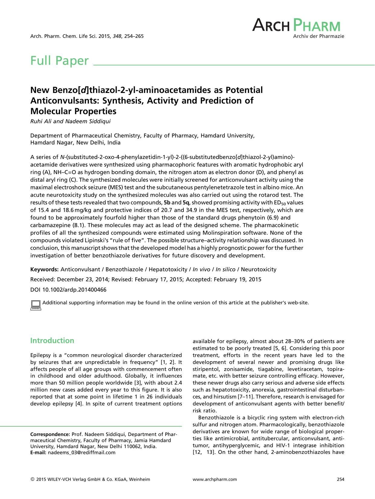 New Benzo[d]thiazol-2-yl-aminoacetamides as Potential Anticonvulsants: Synthesis, Activity and Prediction of Molecular Properties by Unknown