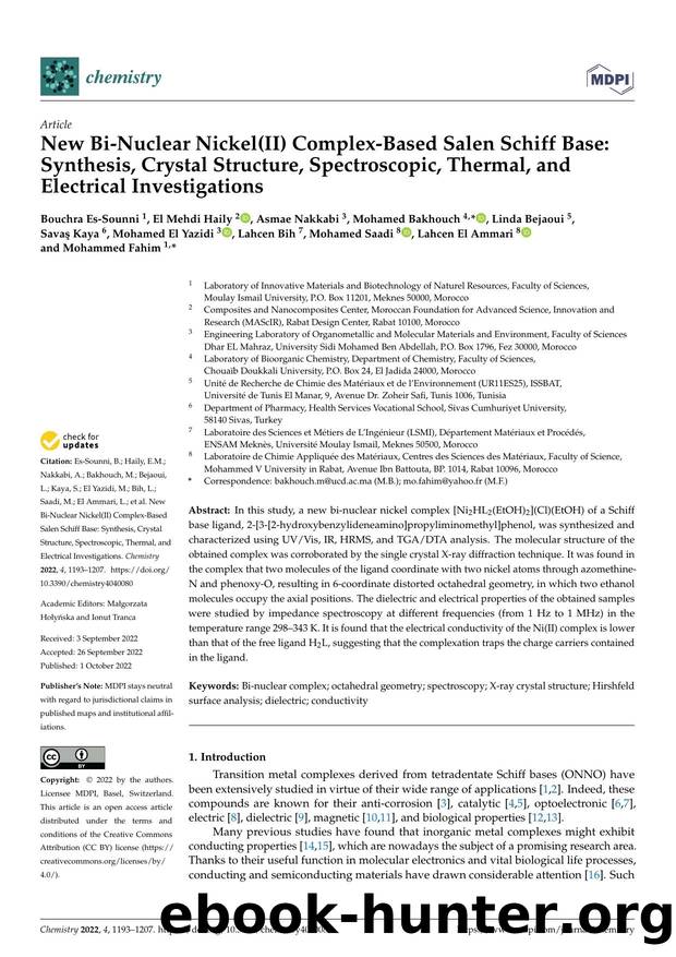 New Bi-Nuclear Nickel(II) Complex-Based Salen Schiff Base: Synthesis, Crystal Structure, Spectroscopic, Thermal, and Electrical Investigations by unknow
