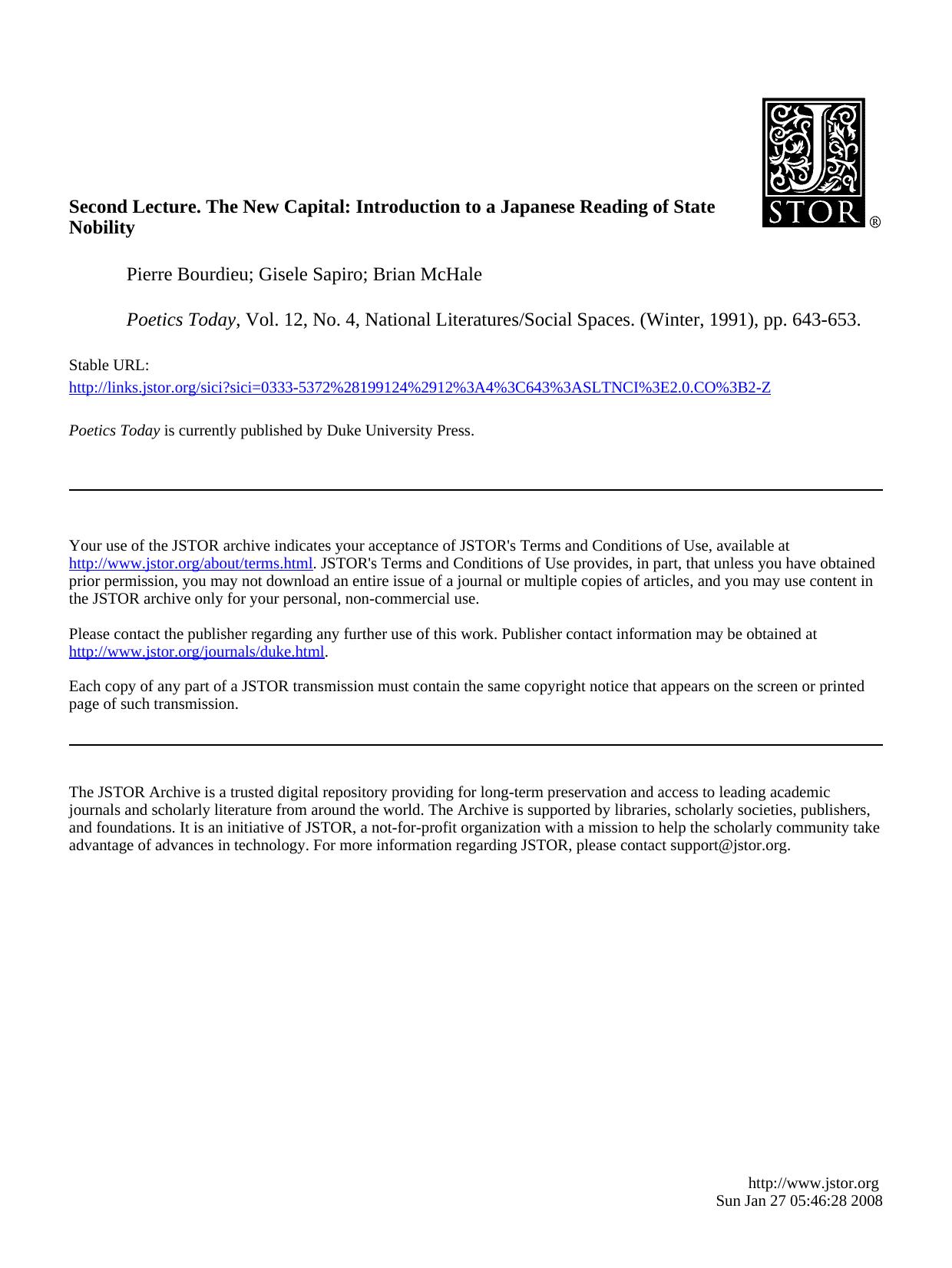 New Capital [Introduction To A Japanese Reading Of 'State Nobility'] by Unknown