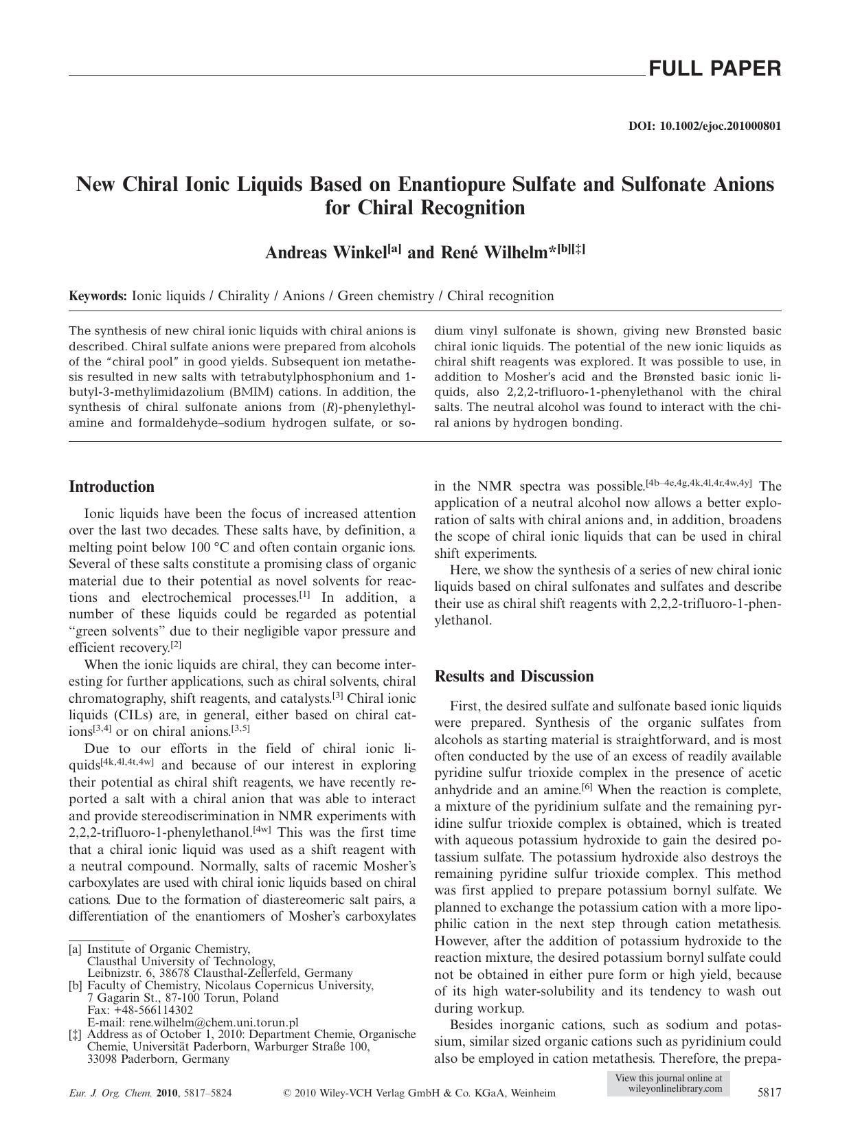 New Chiral Ionic Liquids Based on Enantiopure Sulfate and Sulfonate Anions for Chiral Recognition by Unknown