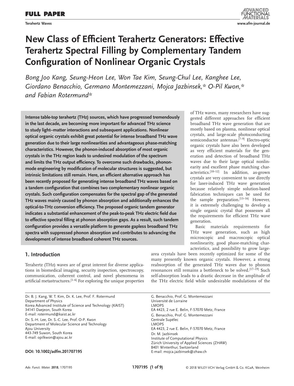 New Class of Efficient Terahertz Generators: Effective Terahertz Spectral Filling by Complementary Tandem Configuration of Nonlinear Organic Crystals by Unknown