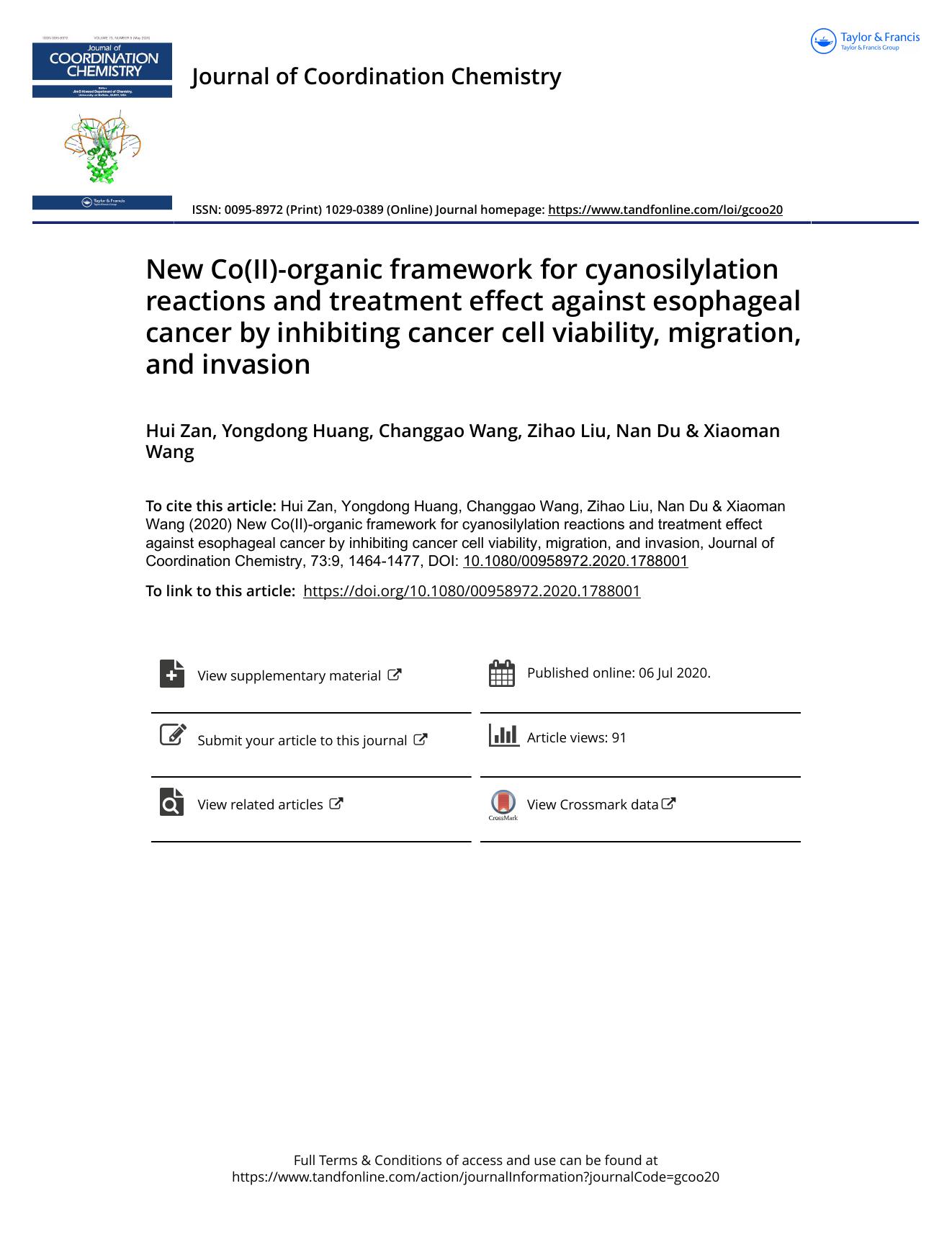 New Co(II)-organic framework for cyanosilylation reactions and treatment effect against esophageal cancer by inhibiting cancer cell viability, migration, and invasion by Zan Hui & Huang Yongdong & Wang Changgao & Liu Zihao & Du Nan & Wang Xiaoman