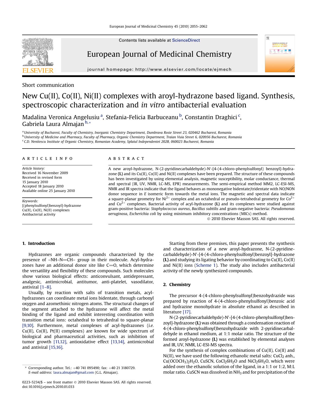 New Cu(II), Co(II), Ni(II) complexes with aroyl-hydrazone based ligand. Synthesis, spectroscopic characterization and in vitro antibacterial evaluation by unknow