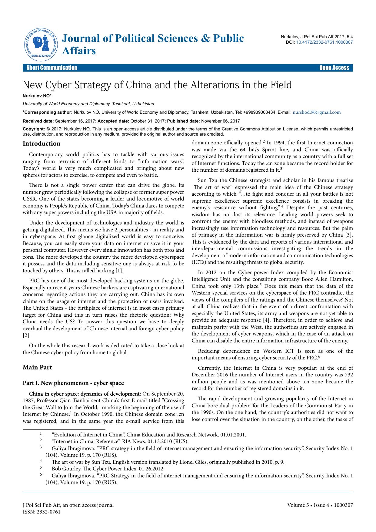 New Cyber Strategy of China and the Alterations in the Field by Nurkulov Nurshod Olimovich