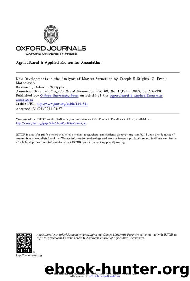 New Developments in the Analysis of Market Structure by Joseph E. Stiglitz; G. Frank Mathewson by New Developments in the Analysis of Market Structure by Joseph E. Stiglitz; G. FrankMathewson