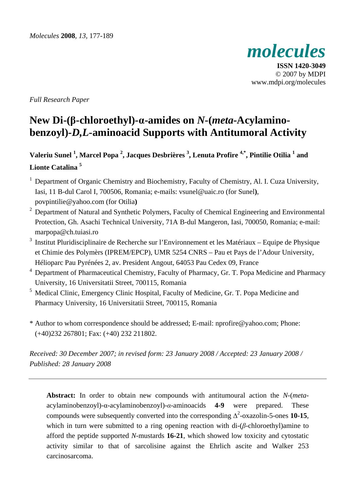 New Di-(Ã-chloroethyl)-a-amides on N-(meta-Acylaminobenzoyl)-D,L-aminoacid Supports with Antitumoral Activity by unknow