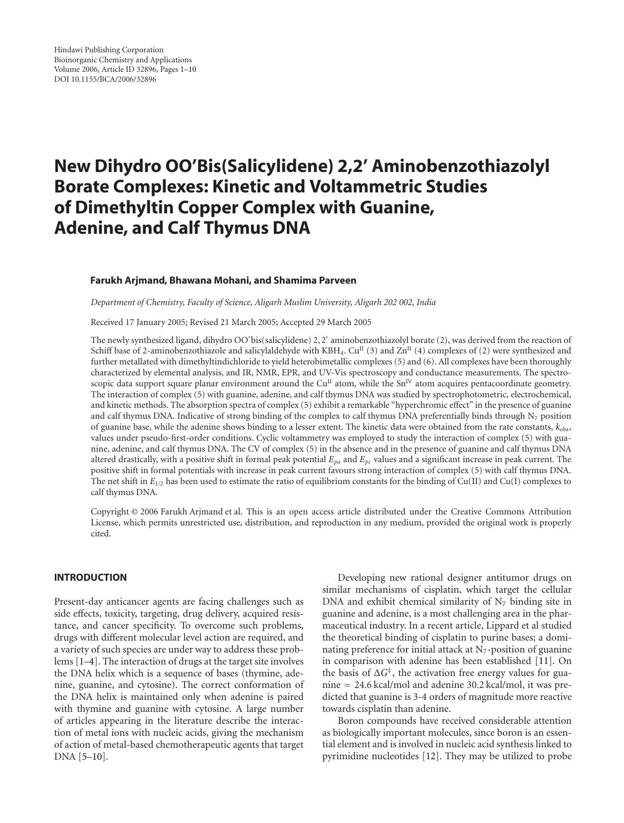 New Dihydro OO'Bis(Salicylidene) 2,2' Aminobenzothiazolyl Borate Complexes: Kinetic and Voltammetric Studies of Dimethyltin Copper Complex with Guanine, Adenine, and Calf Thymus DNA by Farukh Arjmand et al