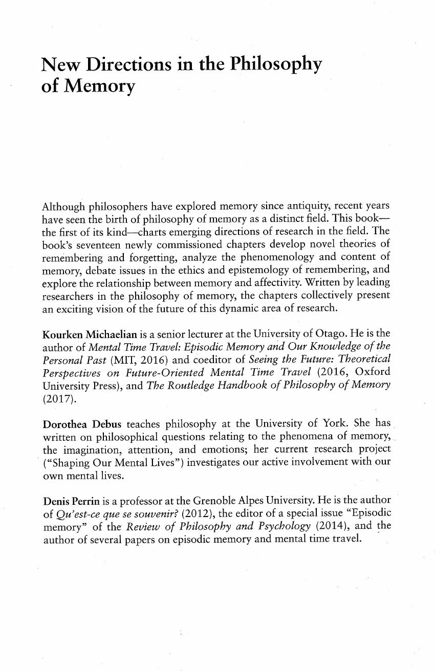 New Directions in the Philosophy of Memory by Kourken Michaelian Dorothea Debus Denis Perrin