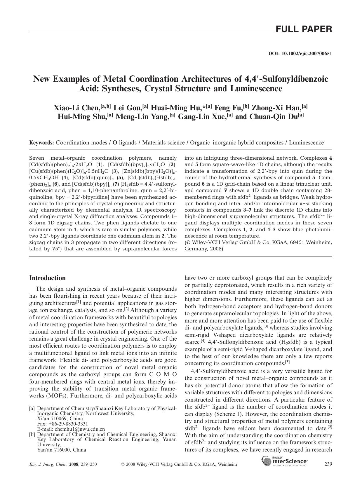 New Examples of Metal Coordination Architectures of 4,4[prime]-Sulfonyldibenzoic Acid: Syntheses, Crystal Structure and Luminescence by Unknown