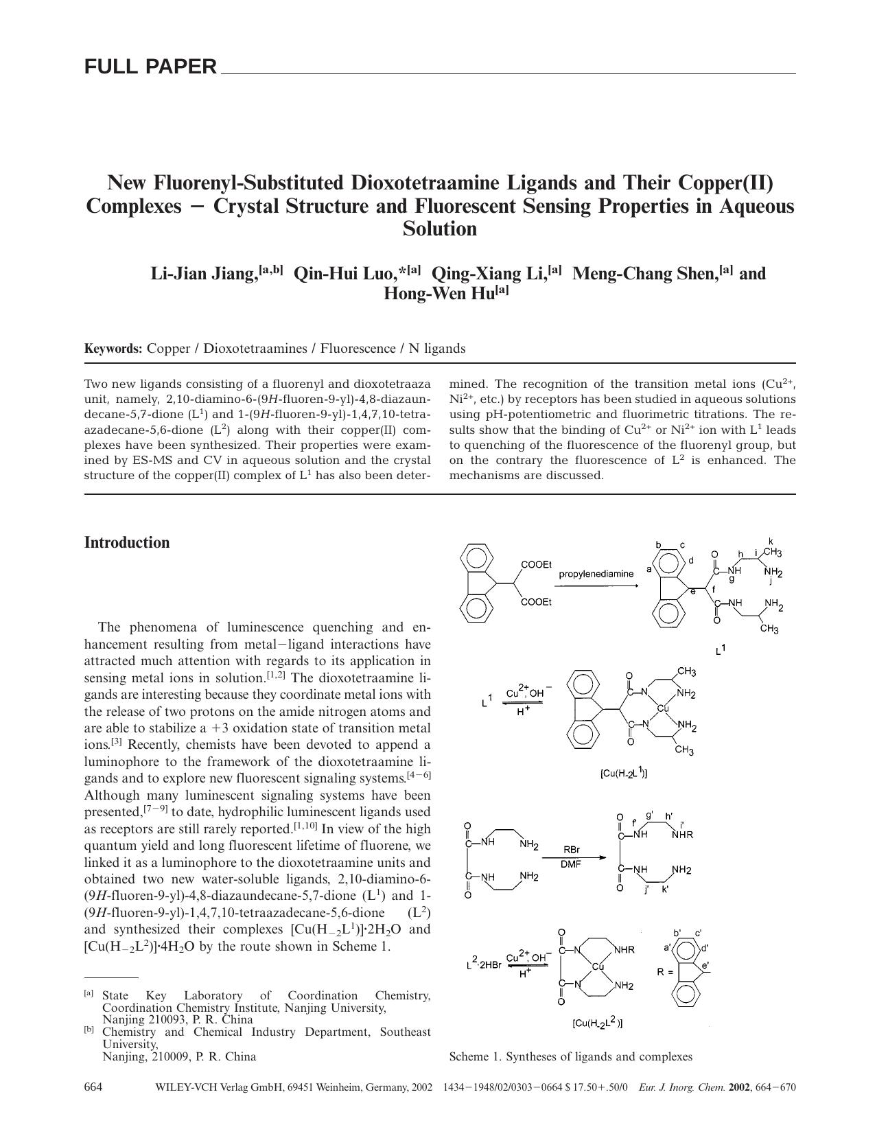 New Fluorenyl-Substituted Dioxotetraamine Ligands and Their Copper(II) Complexes - Crystal Structure and Fluorescent Sensing Properties in Aqueous Solution by Unknown