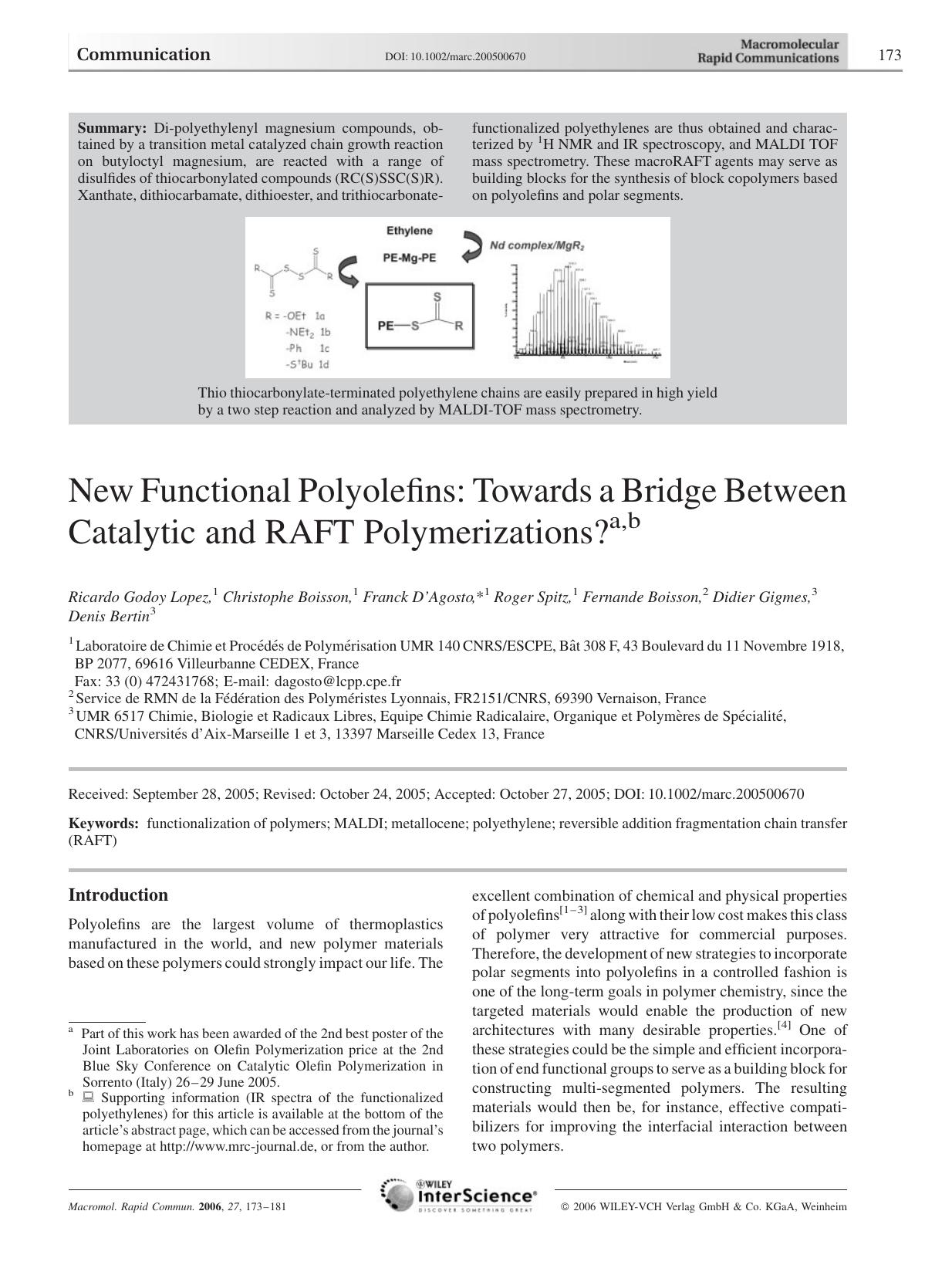 New Functional Polyolefins: Towards a Bridge Between Catalytic and RAFT Polymerizations? by Unknown