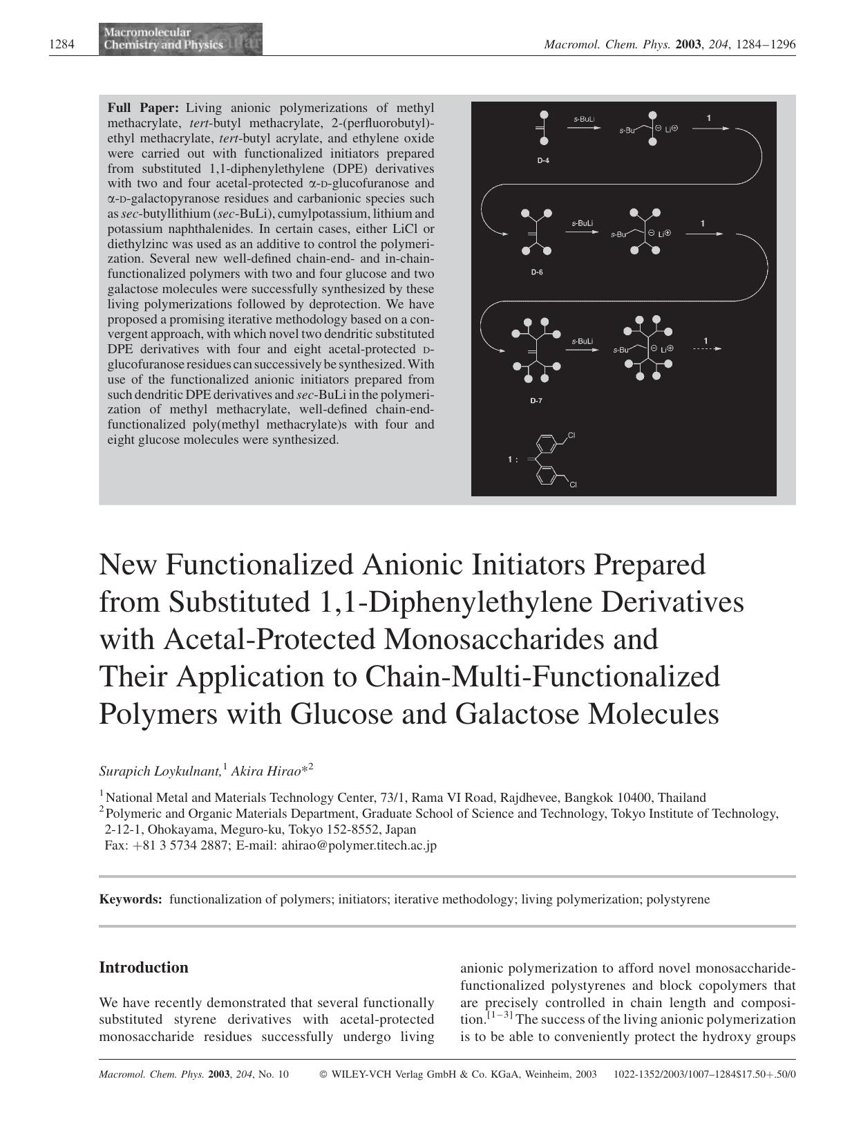 New Functionalized Anionic Initiators Prepared from Substituted 1,1-Diphenylethylene Derivatives with Acetal-Protected Monosaccharides and Their Application to Chain-Multi-Function by unknow