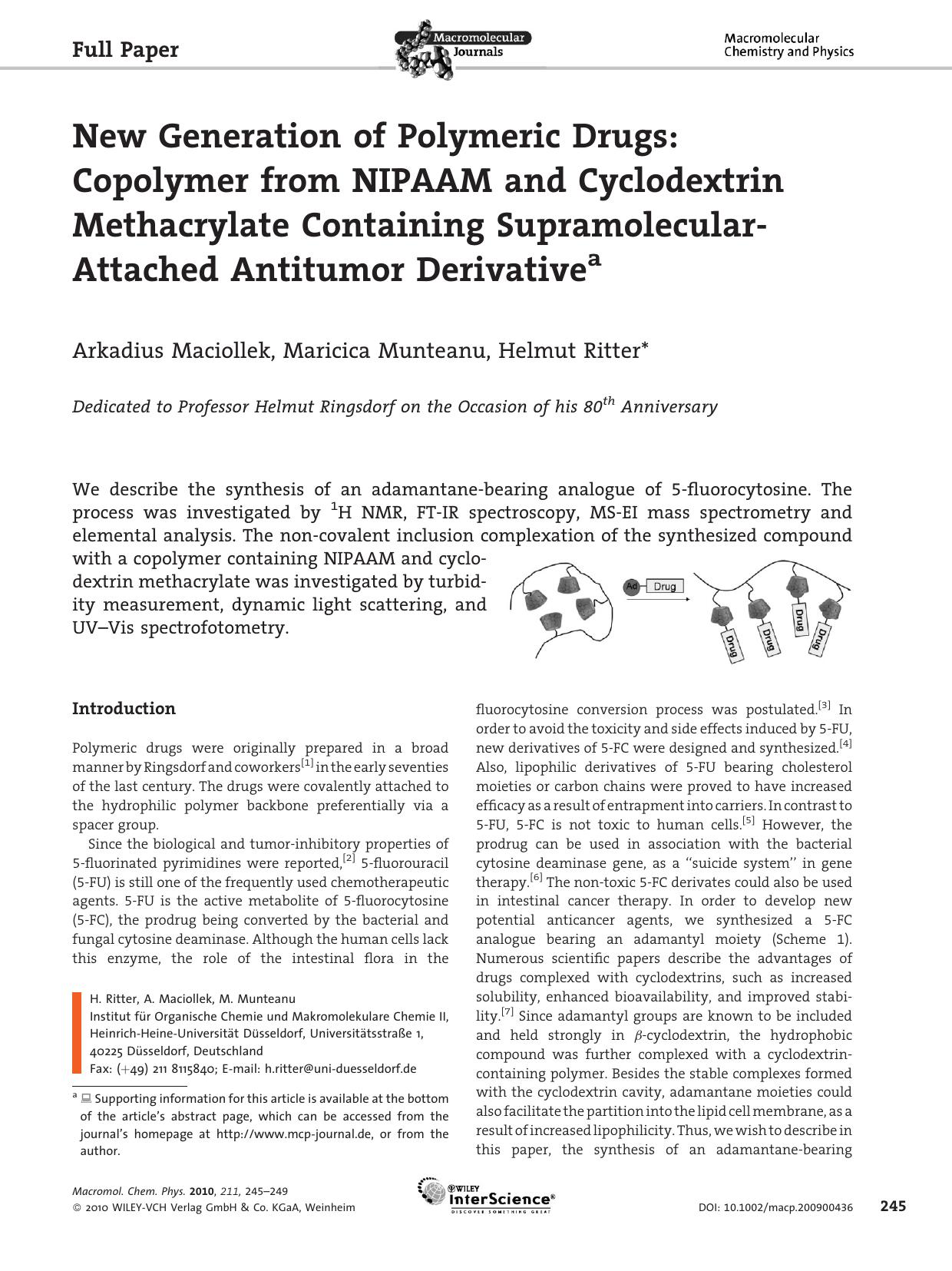 New Generation of Polymeric Drugs: Copolymer from NIPAAM and Cyclodextrin Methacrylate Containing Supramolecular-Attached Antitumor Derivative by Unknown